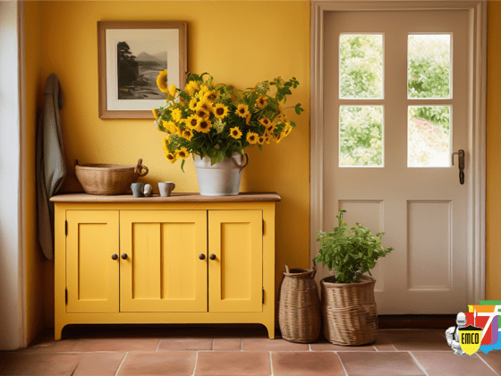 A vibrant home interior featuring bright yellow walls.