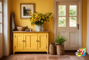 Ruangan interior rumah dengan warna kuning yang hangat