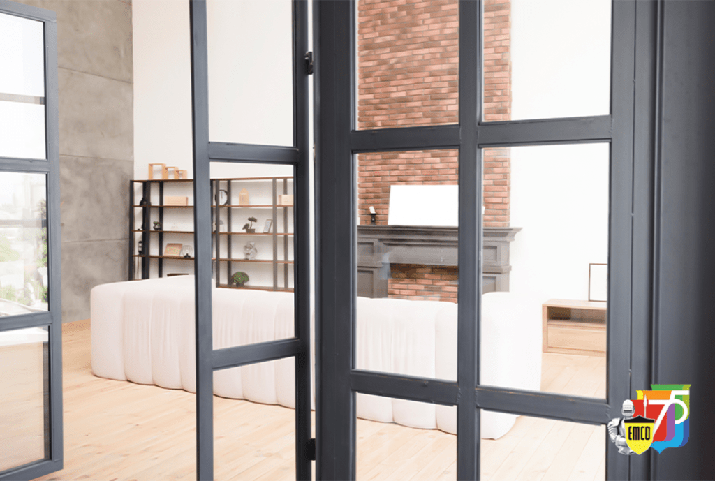 A lounge room with white, cement, and brick walls.